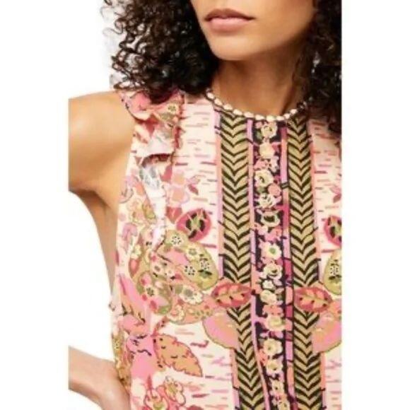 Free People "Summer In Tulum" Linen Blend Mixed Print Ruffle Sleeveless Tunic - Picture 3 of 15